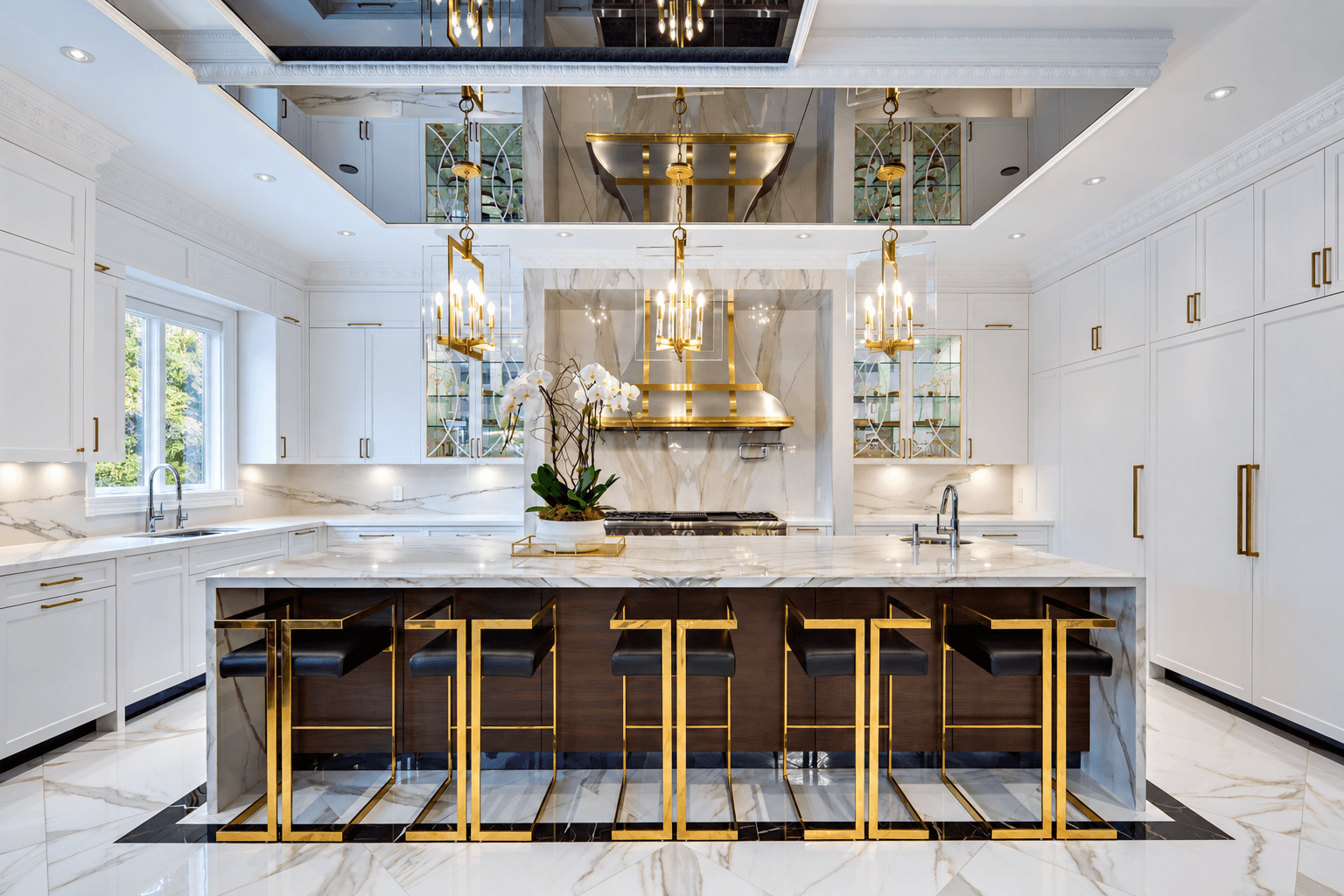 Elements Estate white marble kitchen with mirrored ceiling, International Property Awards winner